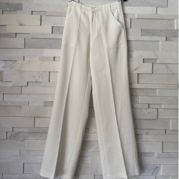 AQUA BLOOMINGDALES NWOT Twill Porkchop Pocket Hi-Rise Wide Leg Trousers S Ivory - Picture 2 of 9